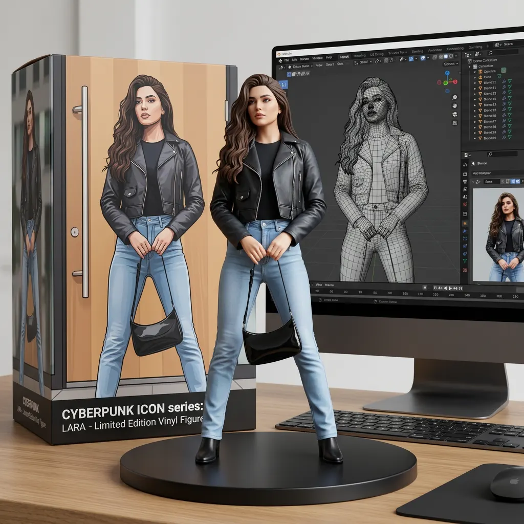 Turn this photo into a character figure. The character's identity, facial features and body pose must remain completely unchanged. Behind the figure, there is a cardboard packaging box with the character's artwork printed on the side. Next to the box, a computer monitor is visible, showing the Blender modeling process with the character's full-body wireframe on screen. In front of the box, add a round plastic base with the character figure placed on it.