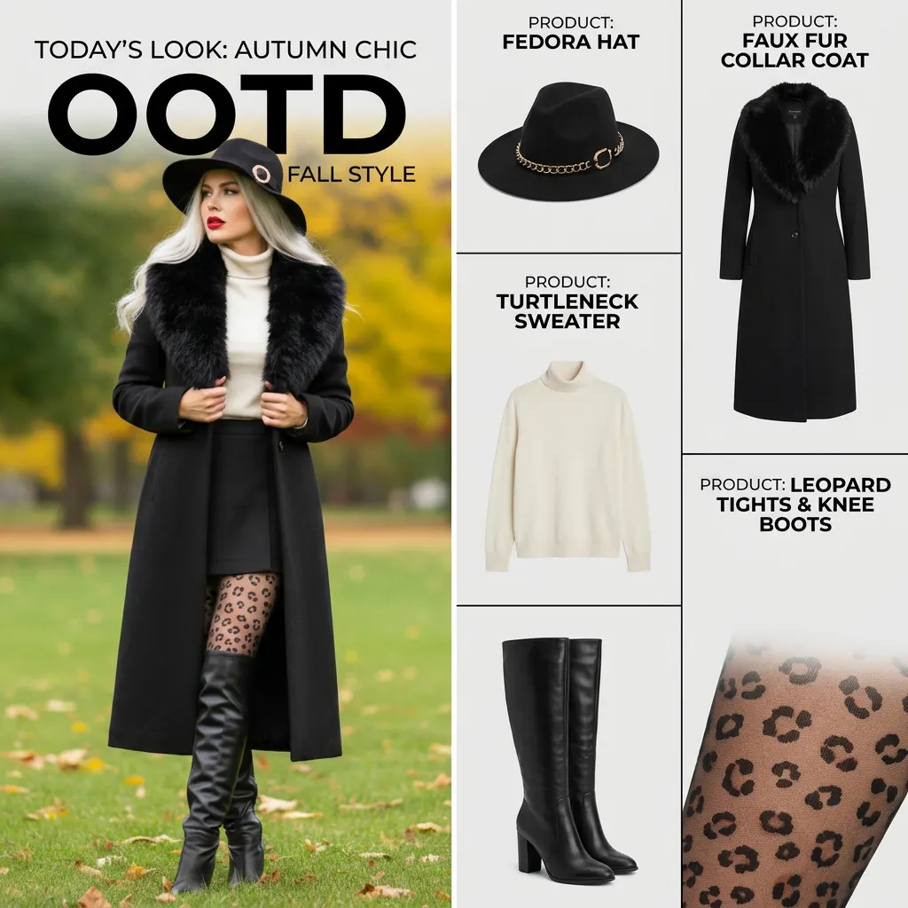 A professional fashion magazine OOTD collage layout. The composition is split into two distinct vertical sections. Left Side: Feature the person from the provided image, strictly preserving their original face, hairstyle, and exact outfit. The atmosphere is bright, clean, and high-quality editorial, capturing a candid and stylish vibe. Right Side: A minimalist white background featuring a vertical grid of individual fashion items. These items must be directly extracted from the outfit worn by the person in the left image. Each item module includes: a clean e-commerce style cutout of the product, a descriptive product name, no price. Typography: Modern, clean sans-serif fonts with bolded prices. Overall Aesthetic: Professional, airy, and sophisticated, mimicking a high-end influencer's Instagram editorial or a contemporary fashion zine.
