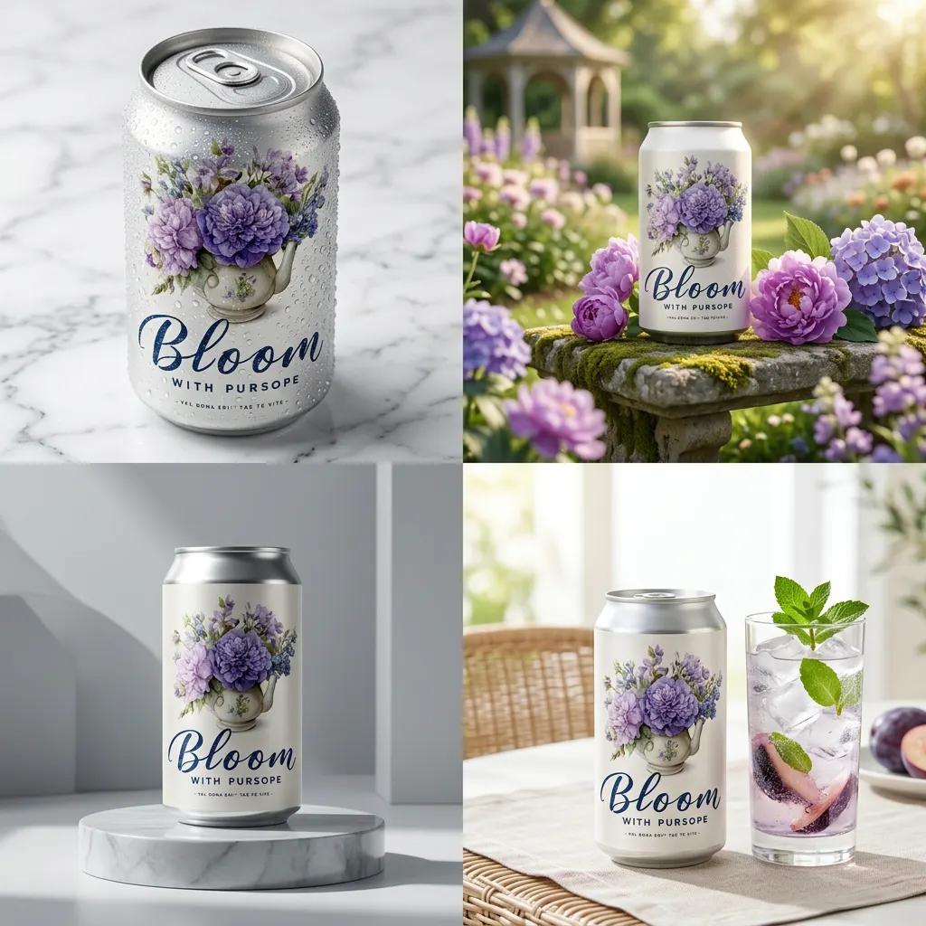 A 2x2 grid collage of four distinct, high-end commercial advertisement posters for a premium soda can. 
The Product: Apply the design from Image 1 to the can in Image 2. 
The 4 Grid Layout: 
Top Left: A macro close-up of the can on a white marble surface, showing realistic condensation droplets and crisp details of the watercolor texture. 
Top Right: The can placed in a sun-drenched spring garden, surrounded by real purple flowers, soft bokeh background, natural morning light. 
Bottom Left: A minimalist studio shot on a reflective light-grey pedestal, dramatic side lighting highlighting the metallic sheen of the can top. 
Bottom Right: A lifestyle shot of the can next to a clear glass of ice and a sprig of mint, bright and refreshing aesthetic, high-key lighting.