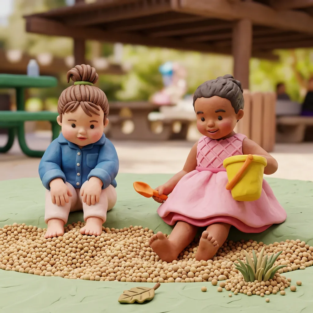 Stylize Image 1 in a clay style. All characters made of colorful plasticine, 3D clay figurines, chubby cheeks, thick rounded limbs, handcrafted textures, soft matte surface, miniature diorama, the sand is made of tiny clay pellets, blurred park background in clay style, soft studio lighting, vibrant colors, toy photography, high detail, masterpiece.