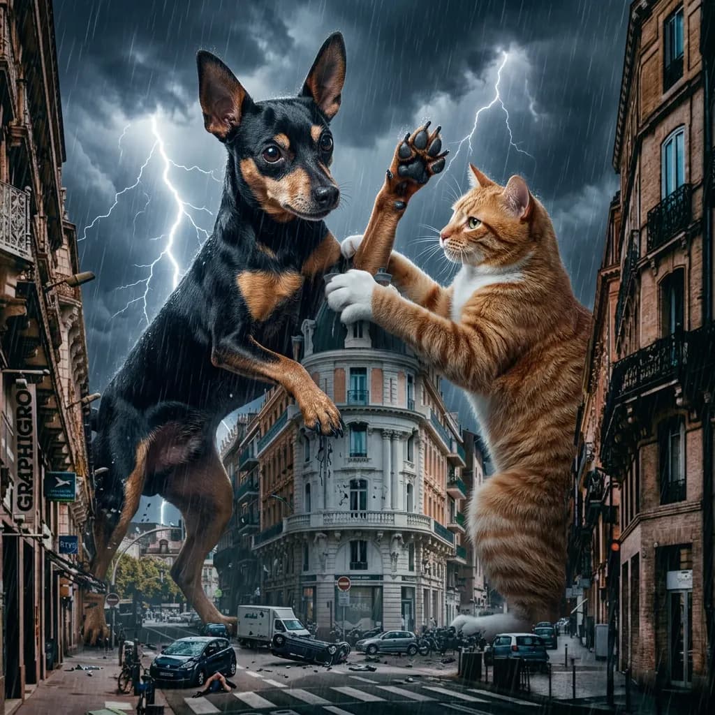 Surrealist cinematic shot. A skyscraper-sized black and tan dog monster (Image 2) and a colossal ginger cat monster (Image 3) battling fiercely in front of the ornate white corner building (Image 1). Extreme scale contrast. Background: apocalyptic storm, torrential rain, and lightning. Hyper-realistic wet fur, tiny street cars for scale, dark epic atmosphere, 8k.