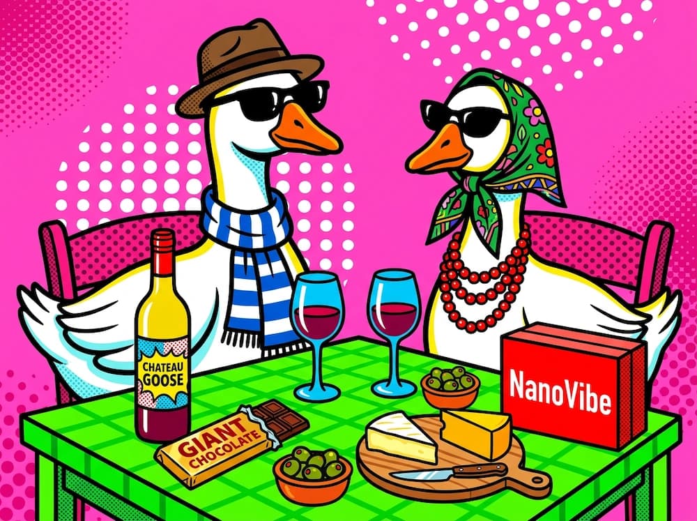 A pop art style image of two geese on a pink background. the left goose wears a brown hat and blue scarf, the right goose wears a green patterned scarf and red beaded necklace. both geese wear black sunglasses. on a green table, there is a wine bottle, two wine glasses with red wine, a chocolate bar, two small bowls of green olives, two pieces of cheese on a board, and a red box with "NanoVibe" in white text.