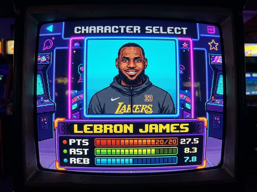 Retro 16-bit pixel art, arcade game character select screen displayed on a vintage CRT monitor with visible scanlines. A pixelated portrait of LeBron James wearing a basketball hoodie against a bright cyan background, framed by glowing neon borders. Below the portrait, a pixelated UI panel containing the text "LEBRON JAMES" in a bold retro font. Under the name, three stat lines with the text "PTS", "AST", and "REB", each paired with colorful segmented pixel progress bars.