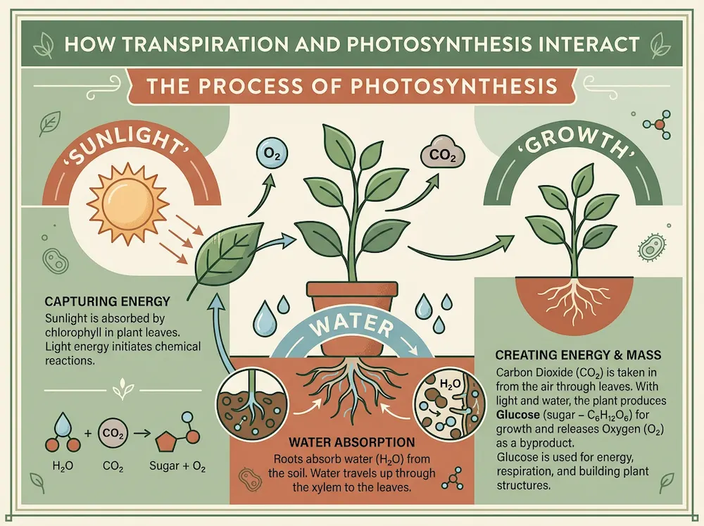 Create a clean, educational infographic explaining the process of 'Photosynthesis'. Include three distinct sections labeled 'Sunlight', 'Water', and 'Growth', with accurate vector-style icons for each. Use a color palette of sage green, terracotta, and cream