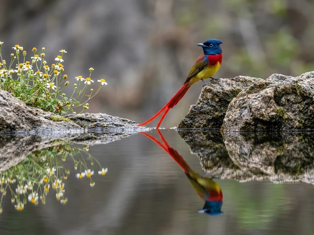 A full shot of a colorful bird with a long red tail and a blue head perched on a rocky structure, reflected perfectly in the still water below. the bird has a black beak, a red chest, and a yellow belly with olive green on its back. small white and yellow flowers with green stems are visible on the left side of the frame, also reflected. the background is a soft, muted gray brown.