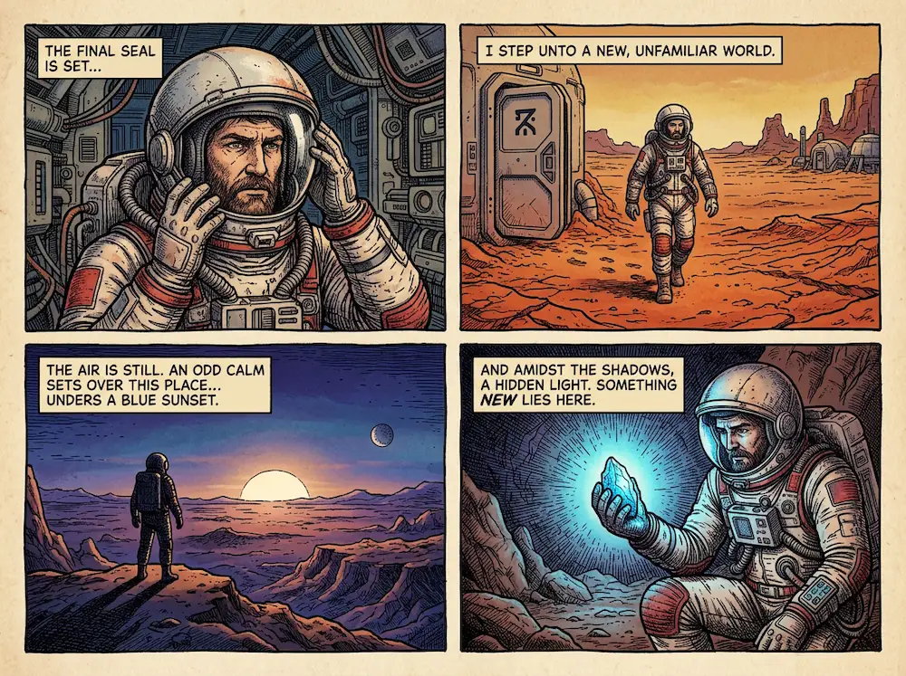 A 4-panel comic strip page. Panel 1: An astronaut puts on their helmet (close up). Panel 2: The astronaut walks out of the airlock onto red soil. Panel 3: The astronaut looks at a blue sunset. Panel 4: The astronaut holds up a rock that glows blue. Style: Vintage 1970s sci-fi graphic novel, Moebius style, consistent character design.