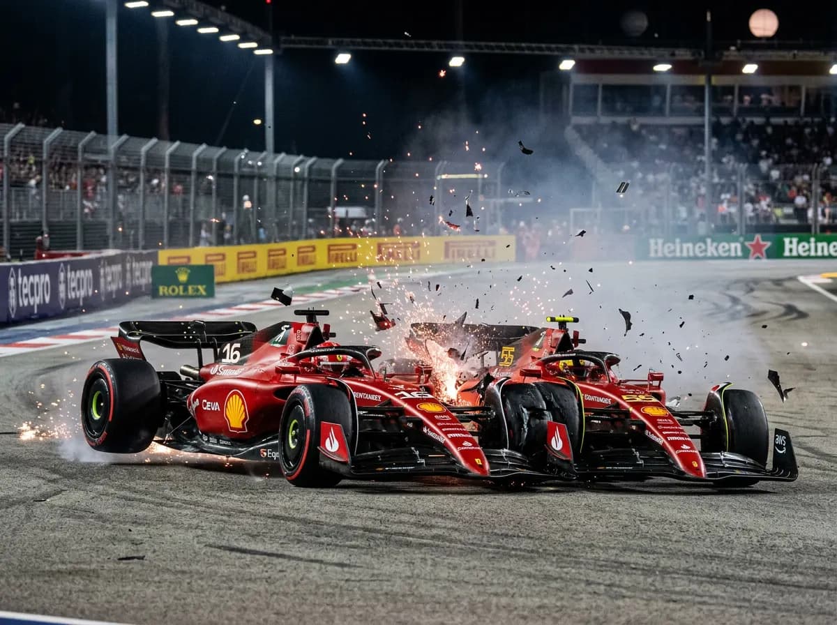 A hyper-realistic cinematic shot of two Formula 1 cars colliding at high speed, captured at the exact moment of impact. Carbon fiber pieces and metal fragments are flying through the air, tires lifting slightly, sparks bursting from the contact point. The cars are still recognizable and not fully destroyed, frozen in mid-crash with dynamic motion blur, intense lighting, dramatic track atmosphere, high-detail realism.
