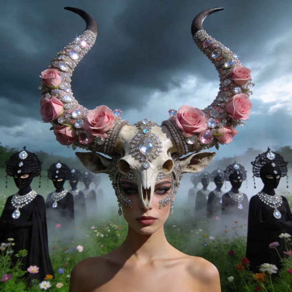 A melancholic, cinematic scene in an overgrown, emerald-green field beneath a stormy sky. In the center, a high-fashion woman stands solemnly, wearing an elaborate headdress crafted from massive, curved, jewel-encrusted horns adorned with pink roses and sparkling crystals, inspired by animal skull shapes. The intricate, surreal headpiece covers her head and part of her face with diamonds and metallic textures. Behind her, a group of figures in flowing black dresses and ornate black masks, all decorated with glistening diamond jewelry, stand solemnly among mist and wildflowers, their poses synchronized in a mysterious, ritualistic tableau. framing, ultra-realistic detail, moody fashion editorial aesthetic, dreamy and dramatic, with a haunting, luxurious, and avant-garde vibe.