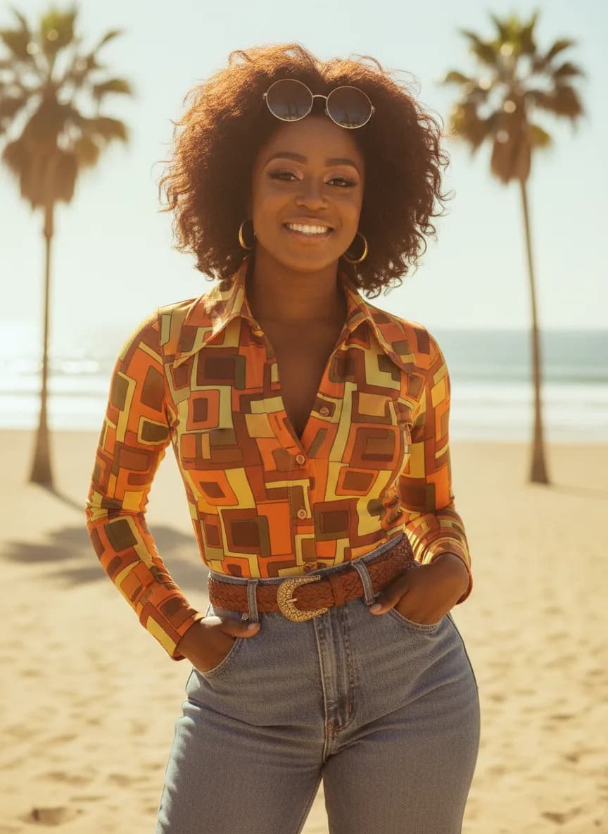 Based on the person in the provided image, transform their entire look to match the 1970s vintage aesthetic with feathered hair, retro patterned fashion, and a sun-drenched Californian summer landscape. Completely overhaul the hairstyle, outfit, and environment to be historically and stylistically accurate to that period. Crucially, do not change the person's face or core identity; keep their facial features identical while blending them seamlessly into the chosen era's lighting and film texture.