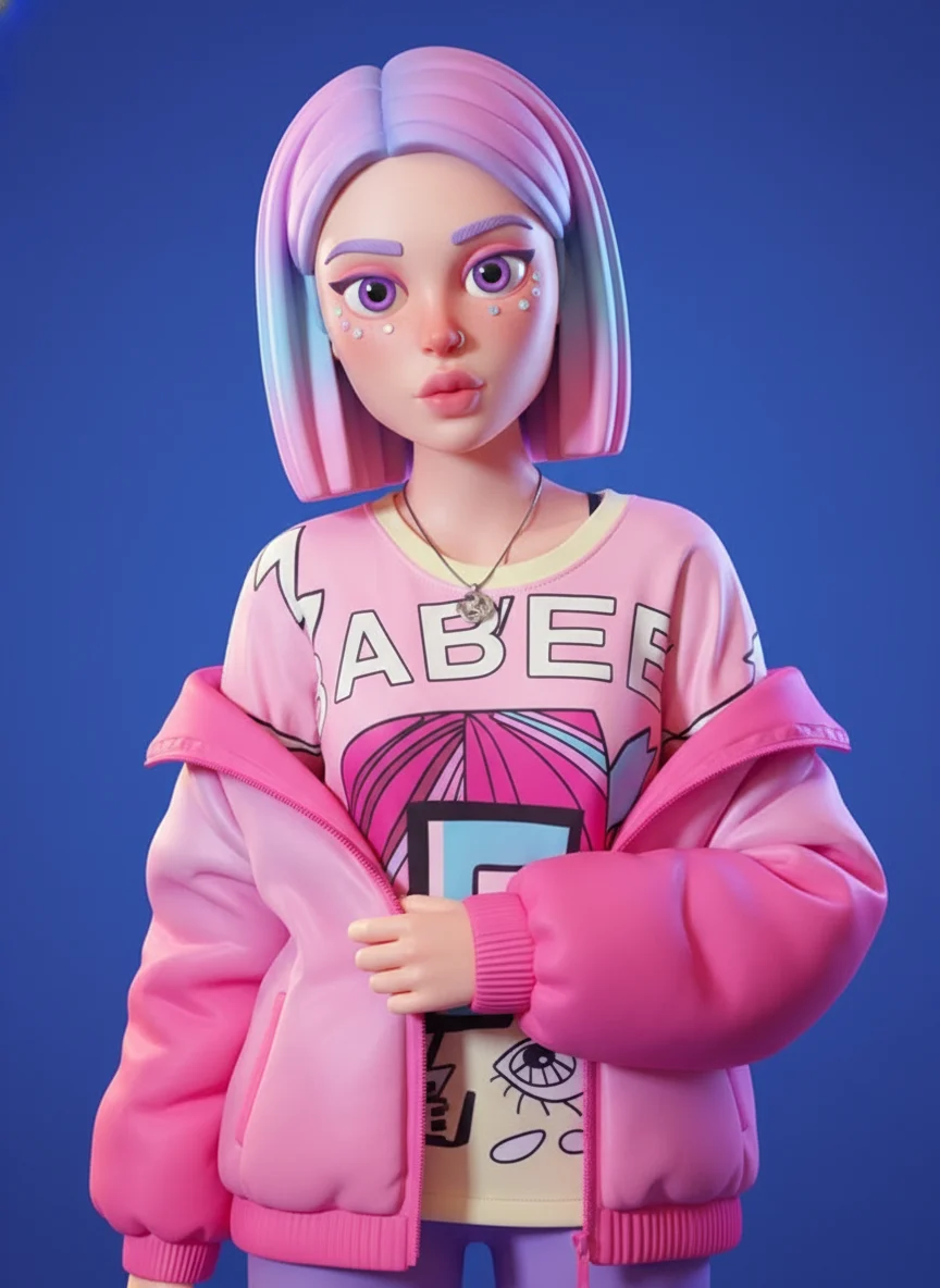 Transform the subject into a stylized 3D character with soft clay-like materials, rounded sculptural forms, exaggerated facial features, pastel + vibrant color palette, smooth subsurface scattering skin, large cartoon eyes, simplified anatomy. Render against a bold blue studio background with soft frontal lighting and subtle shadows. Playful, surreal, polished character-design aesthetic similar to modern stylized 3D illustration. Keep the original photo’s composition and framing.