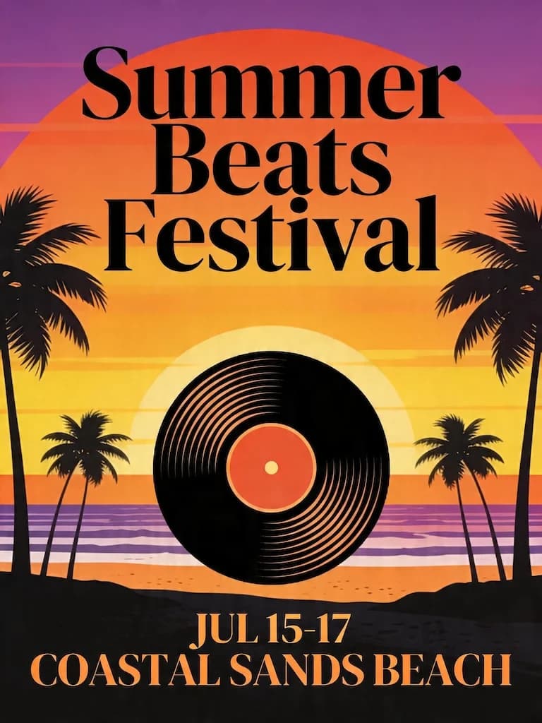 Design a retro-style summer music festival poster. Beach and palm tree silhouettes at sunset, warm tones with orange, yellow and purple gradients.