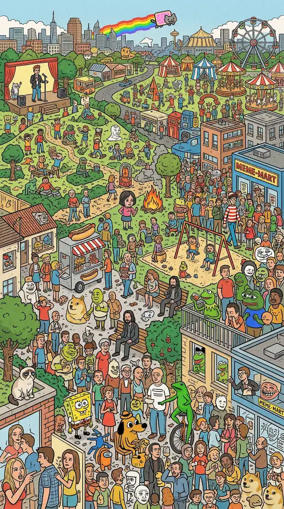 every known meme character in the style of "Where's Wally"