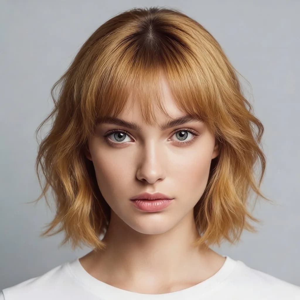Jaw-length Brow Fringe Bob, wispy eyebrow-grazing bangs, loose tousled waves, textured layers, effortless and slightly messy chic, strictly change all hair color to Honey Gold.