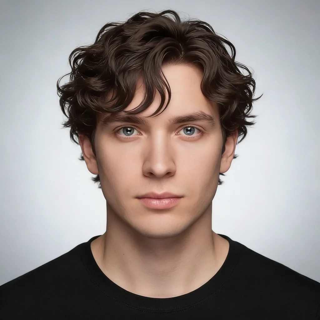 A messy textured perm. The hair features soft, layered curls with a matte finish, creating an effortless, tousled 'bedhead' look. The fringe falls casually over the forehead with a voluminous, piecey texture, while the sides are kept slightly shorter but well-blended.