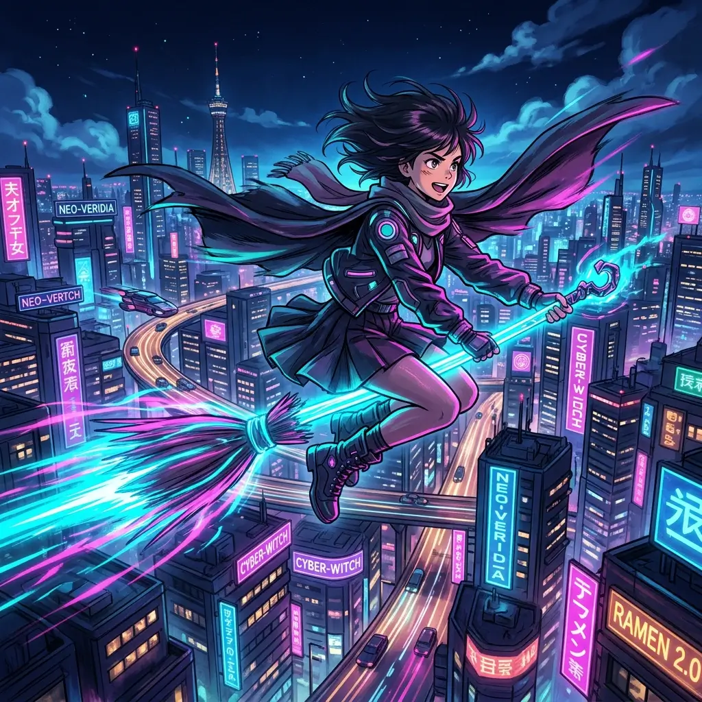 A visually stunning anime-style illustration of a cool young witch flying on a glowing neon broomstick over a sprawling futuristic cyberpunk city at night. High-speed motion blur effects, vibrant neon magenta and cyan colors. Studio Ghibli meets Akira aesthetic. Intricate details in the glowing cityscape below and dynamic wind effects blowing through her hair and clothes. Masterpiece, 4k anime art.