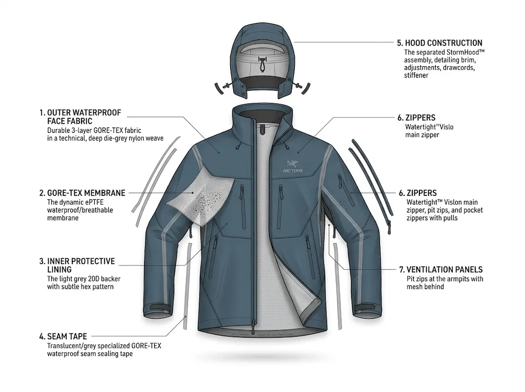 Minimalist technical illustration of an Arc'teryx shell jacket, shown in an exploded view. Layers separated and labeled: outer waterproof face fabric, GORE-TEX membrane, inner protective lining, seam tape, zippers, hood construction, ventilation panels. Clean white background, precise details, modern infographic style, soft shadows, high clarity, premium outdoor aesthetic