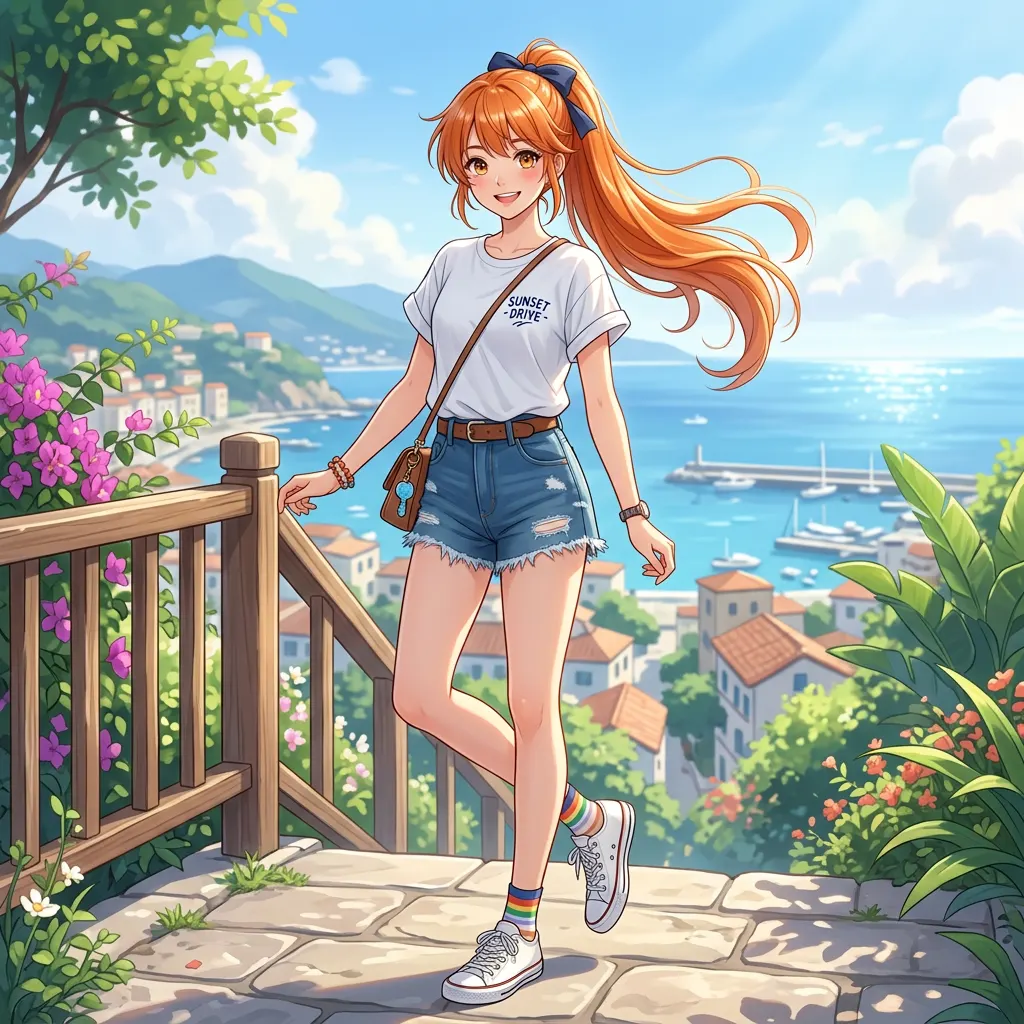 An Asian teenage girl, long orange ponytail, white T-shirt, denim shorts, slim tall body, long legs, youthful and lively, delicate anime-style face, bright eyes, soft blush, clean skin, fresh summer fashion, full body, elegant standing pose, cinematic anime CG, high detail, beautiful hair strands, soft sunlight, vibrant yet clean colors, polished character illustration, ultra detailed