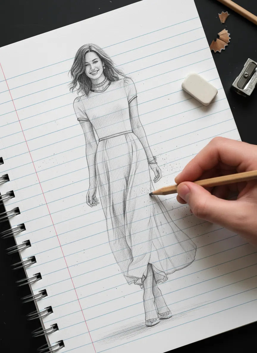 Based on the provided portrait of the subject, reimagine them as a ultra-detailed 3D graphite pencil sketch on textured white spiral-bound notebook paper. The image should capture the subject being actively drawn, featuring a realistic hand holding a pencil as the portrait comes to life on the page. Emphasize crisp paper grain, subtle imperfections, and natural surface fibers. Include an eraser, lead sharpener, and scattered pencil shavings resting naturally on the page. Add realistic shadows, smudges, and fine graphite residue around the working area to reinforce the tactile, hand-drawn aesthetic.