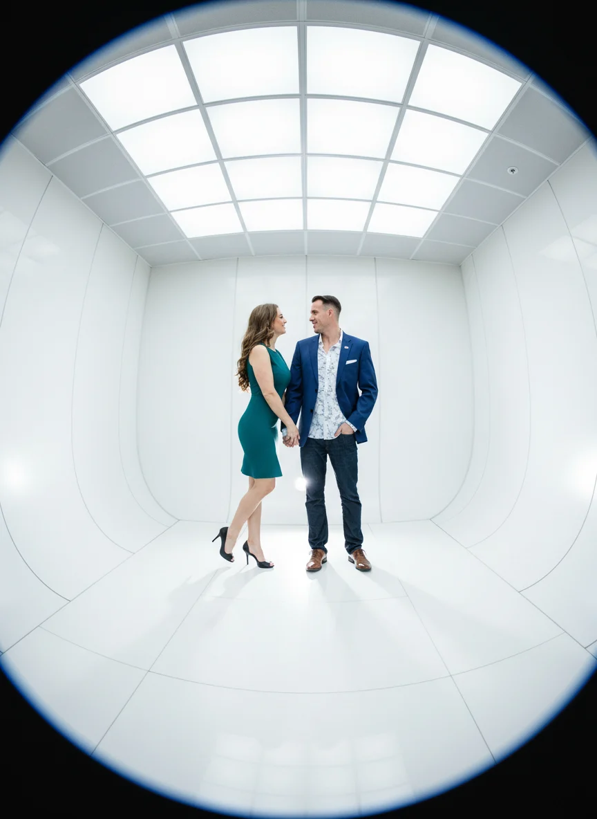 A high-contrast, bright portrait of the subject from the first image, photographed with a Hasselblad medium-format camera using an extreme fisheye wide-angle lens and harsh on-camera flash. The subject is positioned in a futuristic space constructed from glossy white panels and a gridded light-emitting ceiling. The perspective is heavily distorted, creating a professional editorial look. The overall scene feels clinical, sleek, and high-fashion.