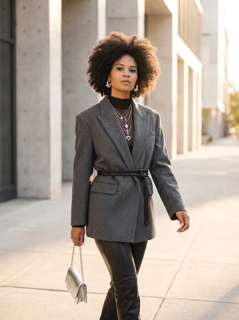 AI generated image: Model standing on a sun-drenched minimalist metropolitan sidewalk with clean architectural lines and