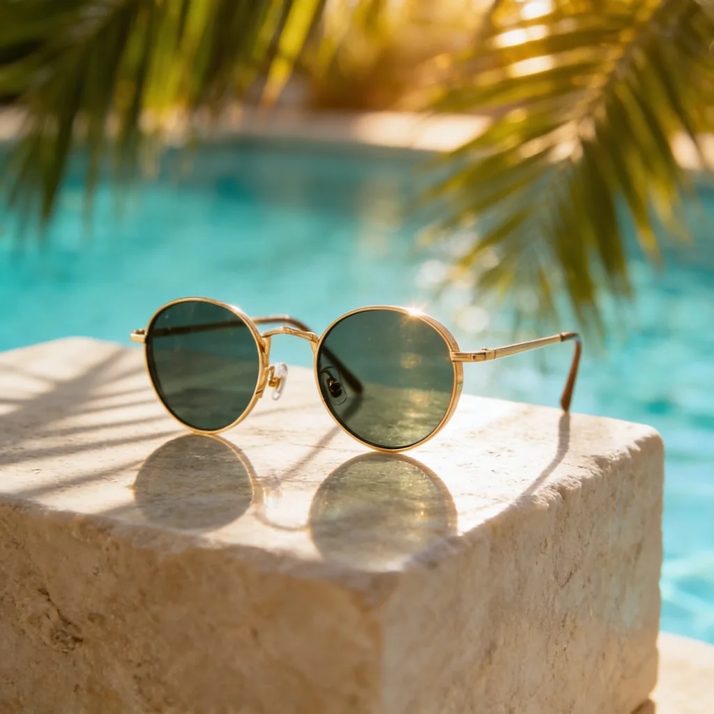 AI generated image: A luxurious commercial promotional poster featuring retro-chic round sunglasses with delicate gold m