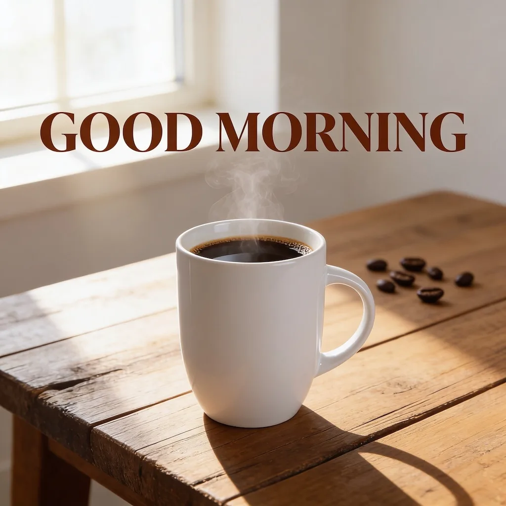 AI generated image: A cozy lifestyle promotional poster featuring a classic minimalist white ceramic coffee mug filled w