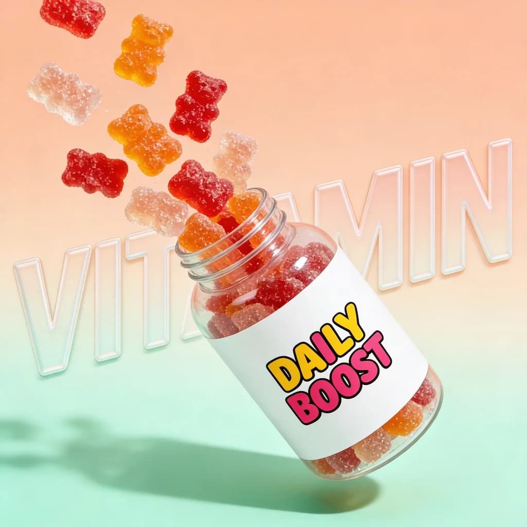 AI generated image: A vibrant pop-art promotional poster for vitamin gummy bears