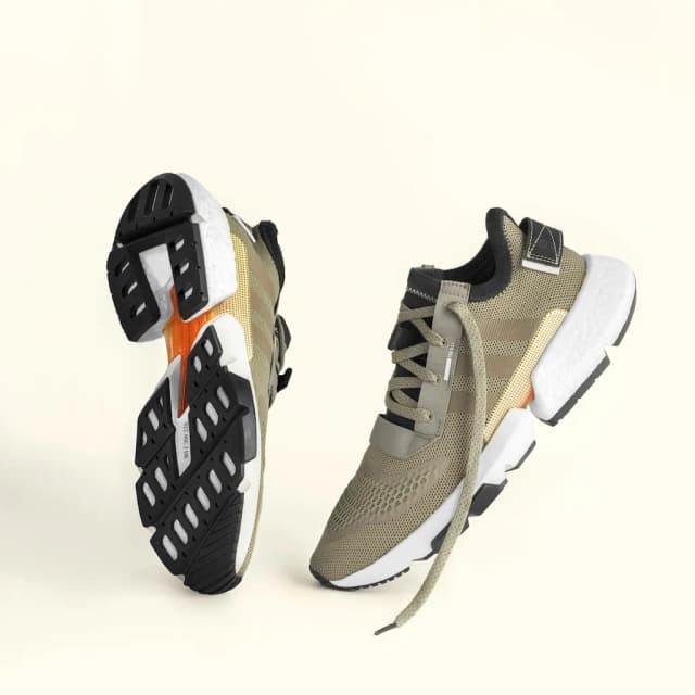 Original reference image for: AI generated image: A dynamic streetwear promotional poster featuring high-tech olive green and black athletic sneakers