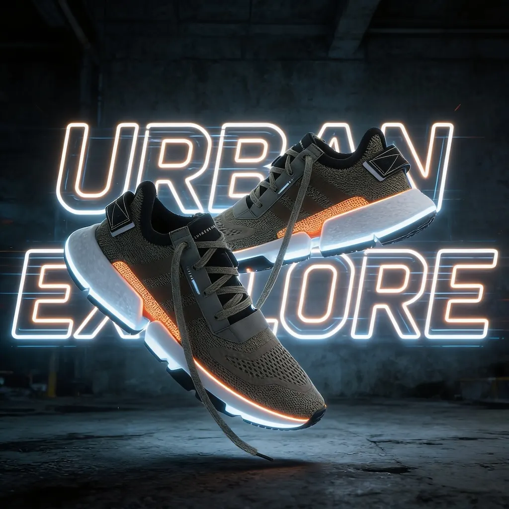 AI generated image: A dynamic streetwear promotional poster featuring high-tech olive green and black athletic sneakers