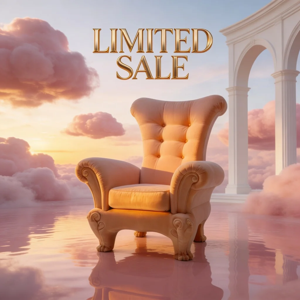 AI generated image: A stunning promotional poster for a peach velvet armchair