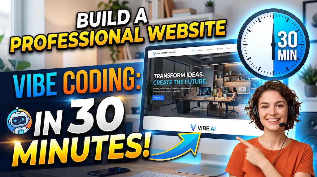AI generated image: A thumbnail for a tutorial on “How to Build a Website with Vibe Coding in 30 Minutes