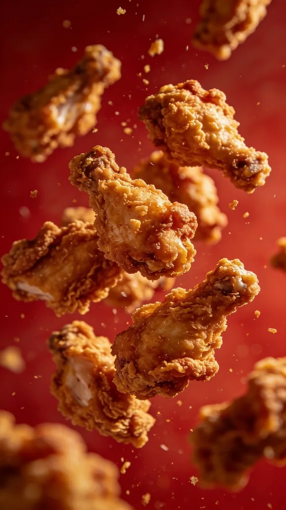 AI generated image: a whole bunch of crispy fried chicken tossed into the air, red background