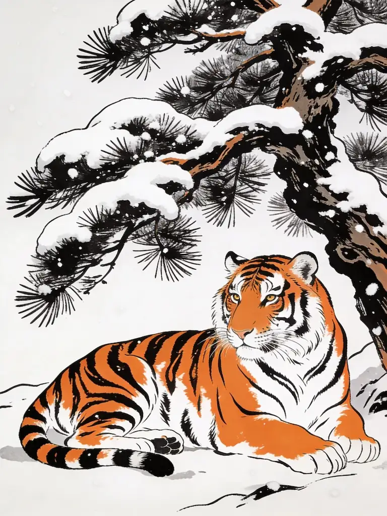 AI generated image: A tiger resting beneath a pine tree in snow, bold Japanese woodblock print style, strong black outli