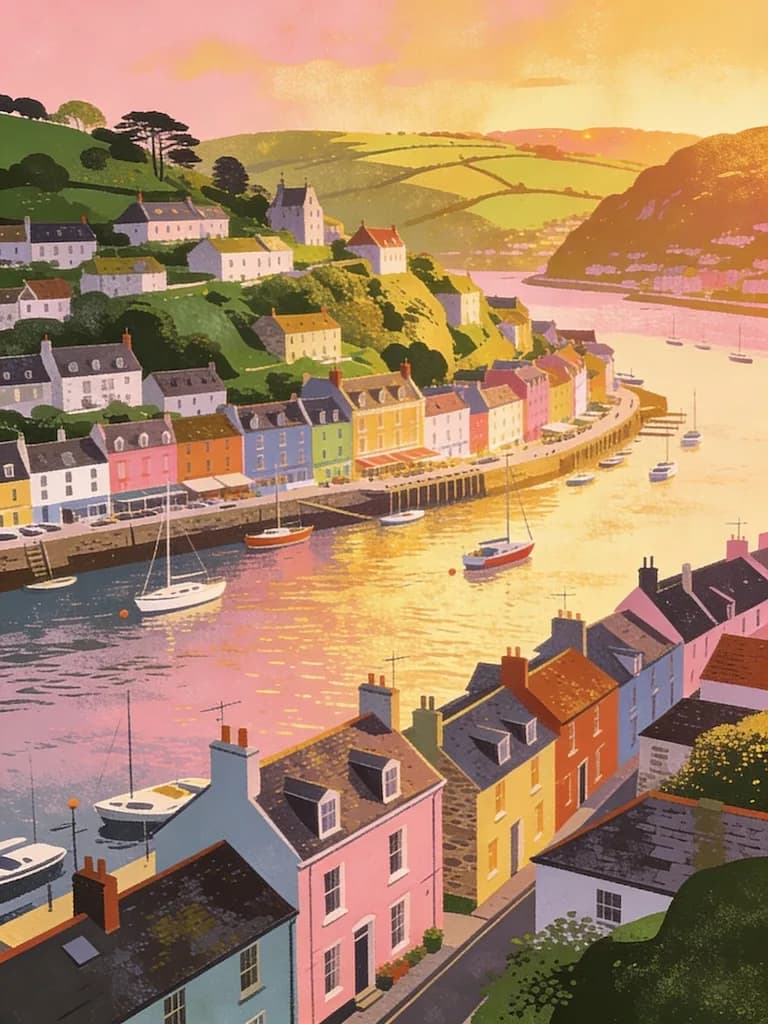 AI generated image: A scenic illustrated view of Dartmouth with colourful riverside houses, boats on the Dart, rolling g