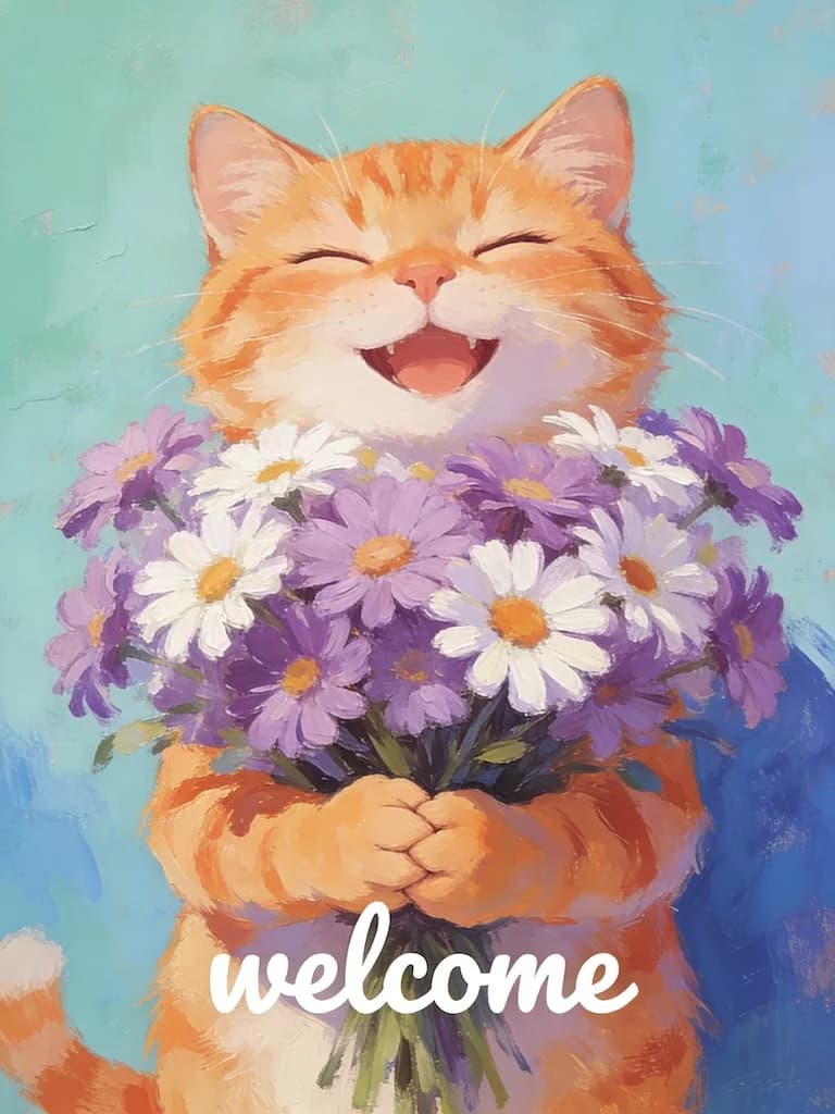 AI generated image: a digital painting in a whimsical, illustrative style depicts a cheerful orange tabby cat with close