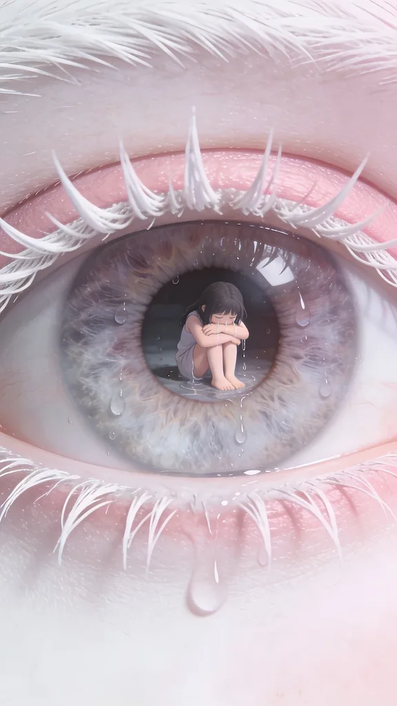 AI generated image: Dreamcore aesthetic, an extreme close-up of a giant eye with white eyelashes and pale pink-white eye