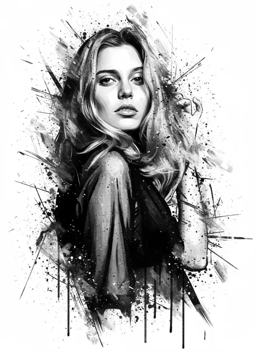 AI generated image: Transform the subject from the provided image into a expressive ink-splattered aesthetic with chaoti