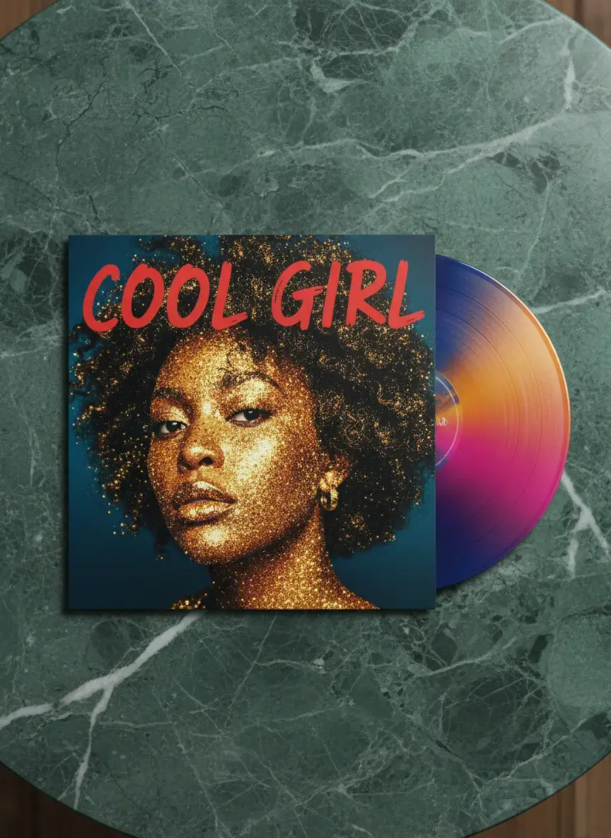 AI generated image: A professional photorealistic shot of a physical vinyl record sleeve resting on a luxurious green ma