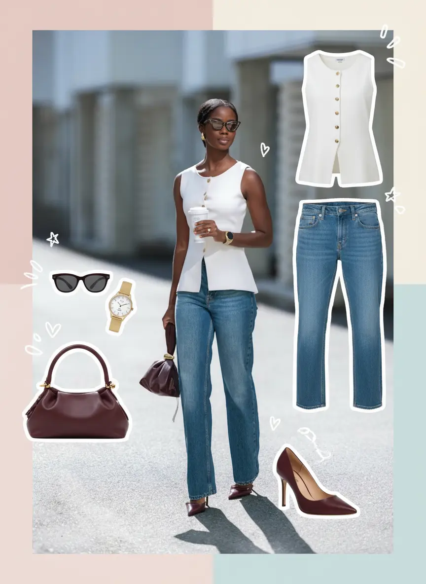 AI generated image: A high-quality fashion mood board collage based on the outfit and person in the provided image